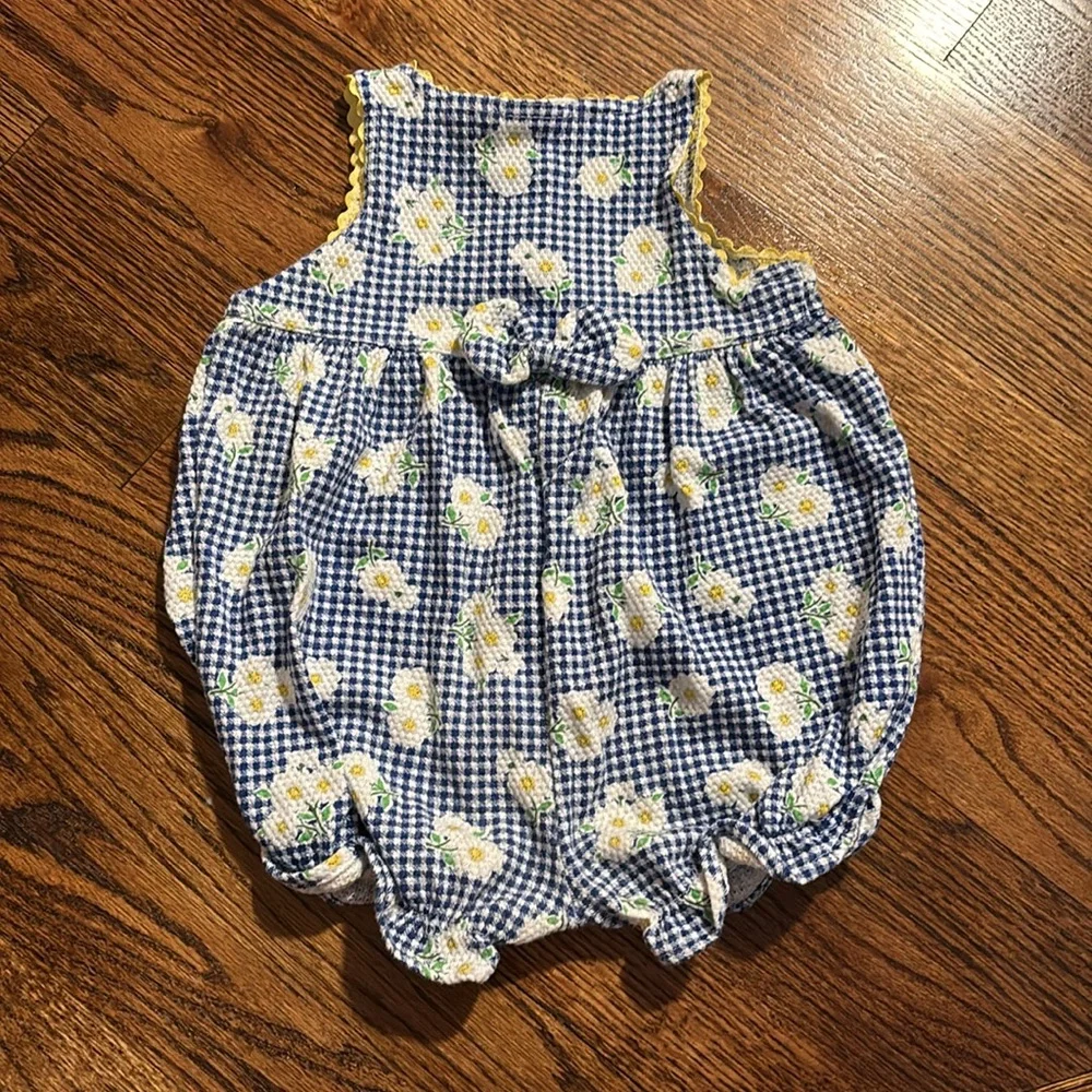 Cowboys & Angels | Blue Check Floral Bubble‎ Onesie Sz 6-9m